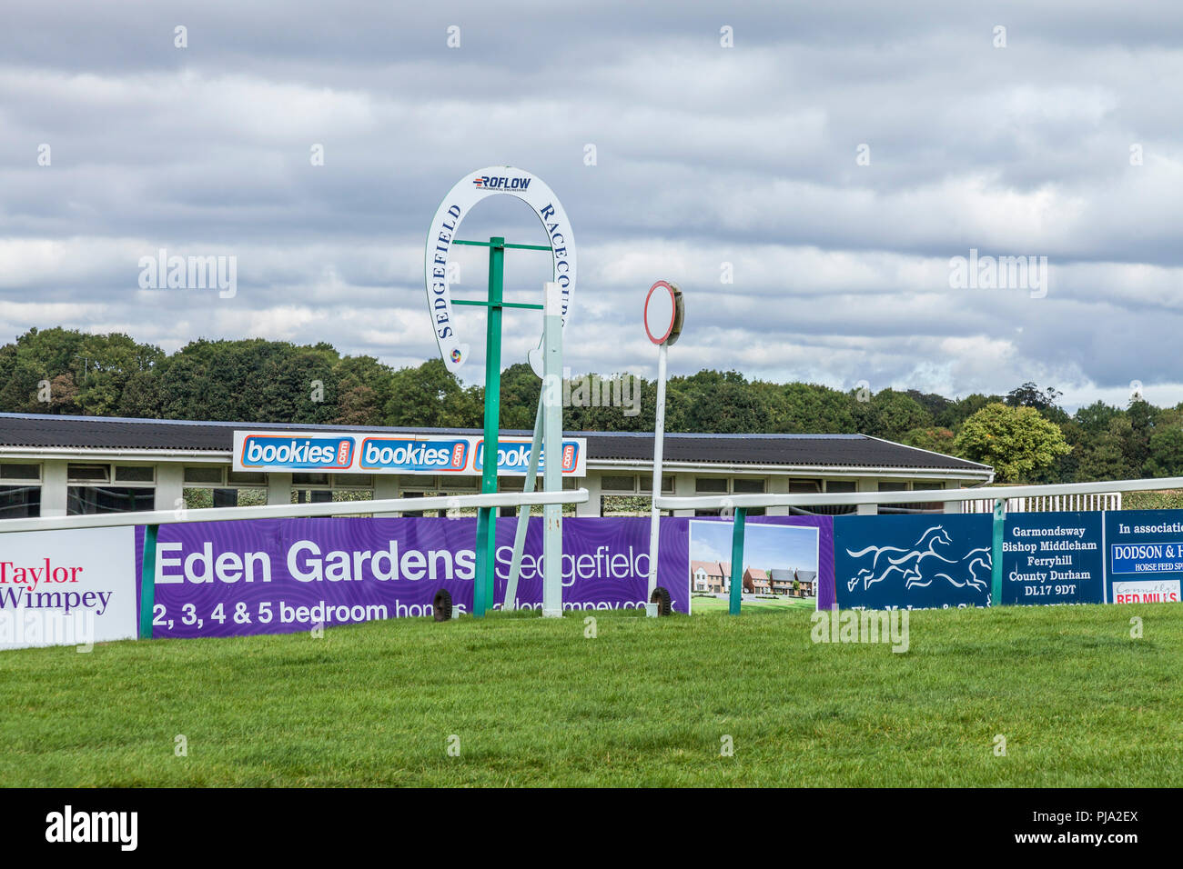 The winning post at Sedgefield Racecourse at Sedgefield,Co.Durham
