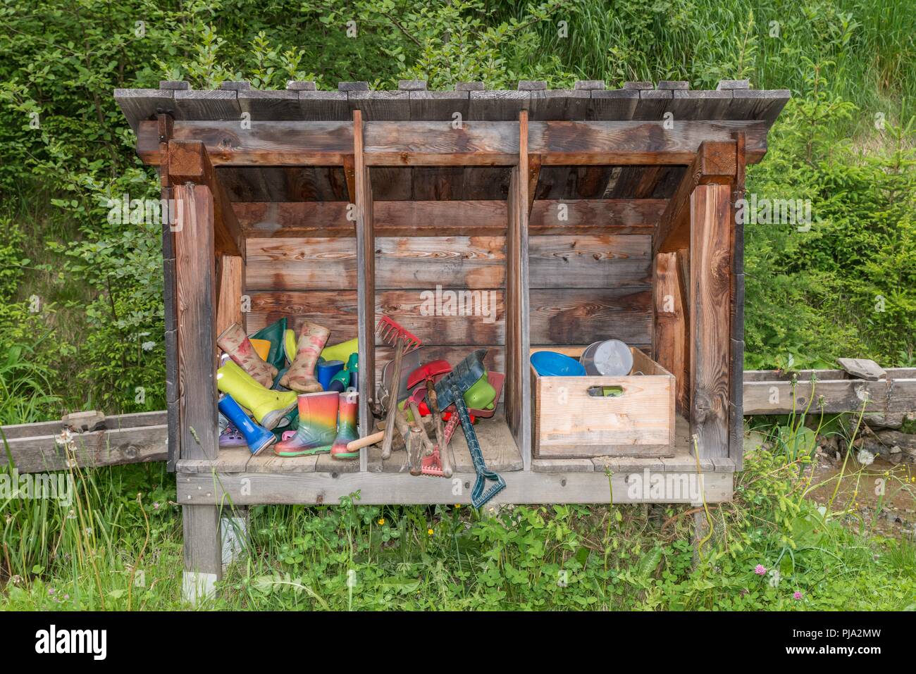 Water games on a themed hiking trail, Austria Stock Photo Alamy