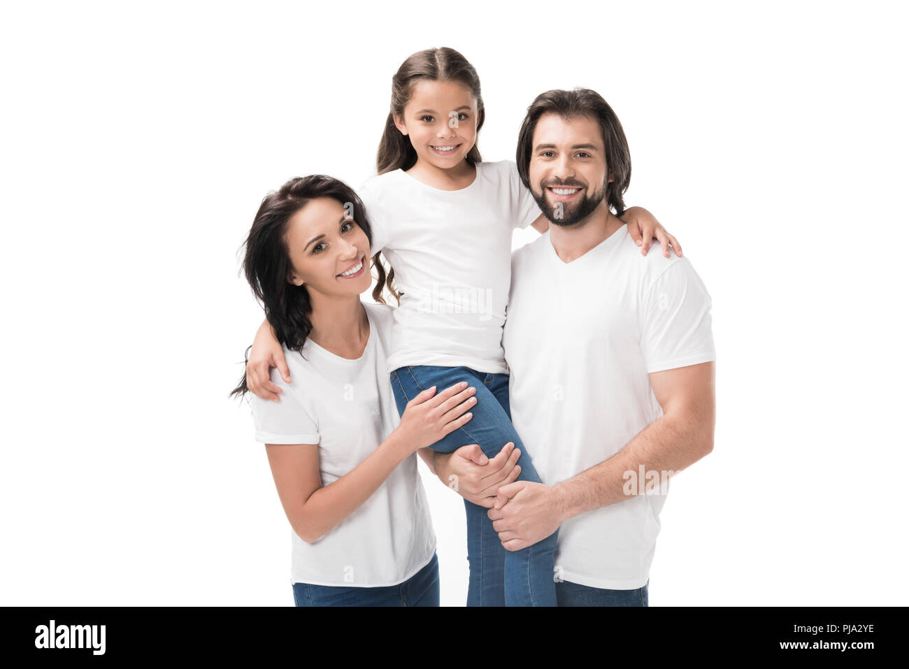 portrait of happy family in white shirts looking at camera isolated on  white Stock Photo - Alamy