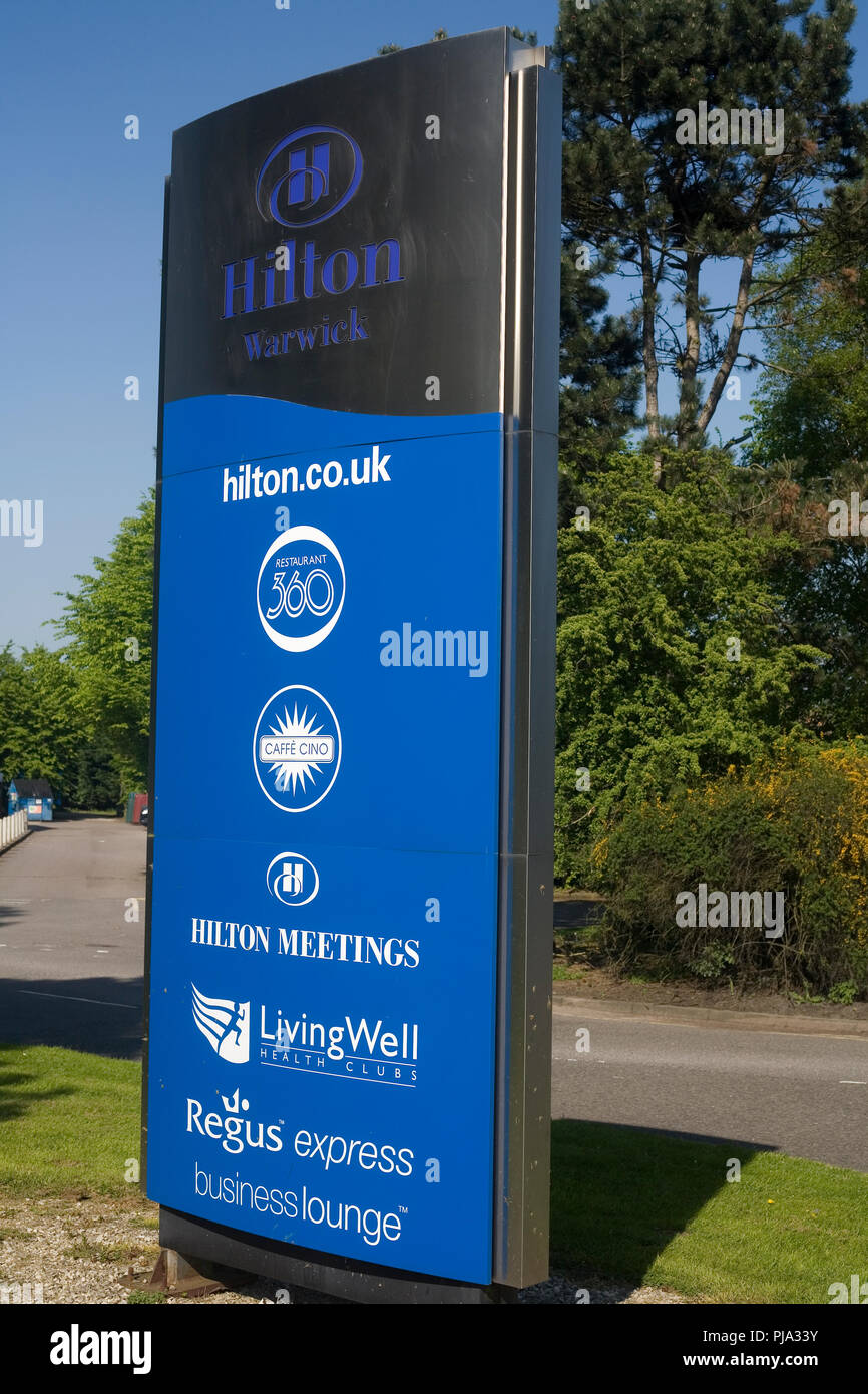 Sign of Hilton Warwick hotel advertising facilities on site Stock Photo