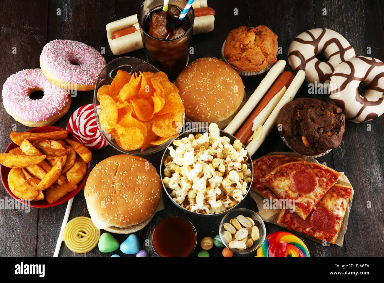 Unhealthy products. food bad for figure, skin, heart and teeth