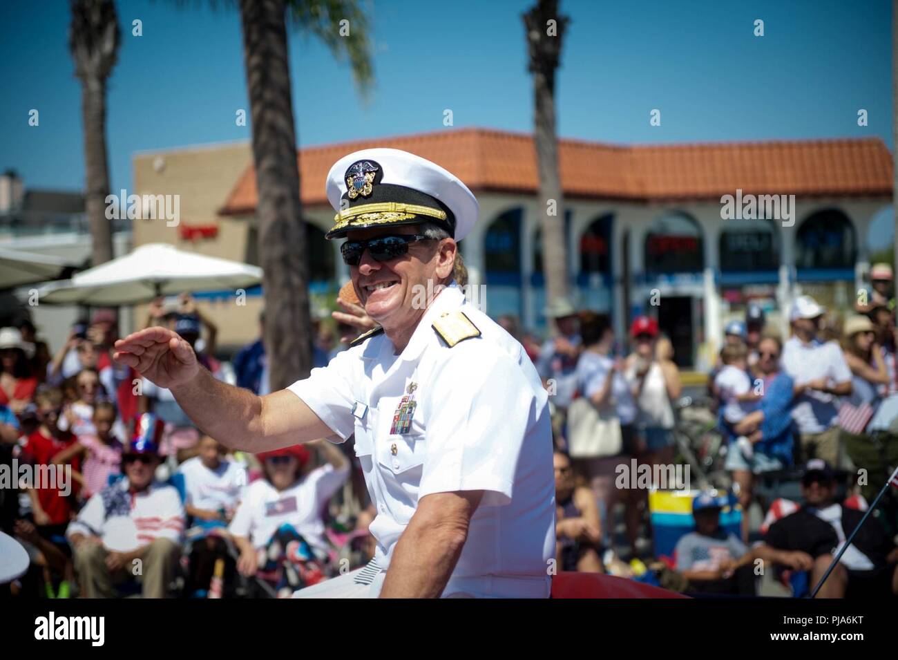 CORONADO, Calif. (July 4, 2018) Vice Adm. Richard Brown, commander, Naval Surface Force, U.S. Pacific (CNSP) Fleet serves as grand marshal for the 70th Annual Independence Day Parade. Brown's role as CNSP is to man, train, and equip the Surface Force to provide Fleet Commanders with credible naval power to control the sea and project power ashore. Stock Photo