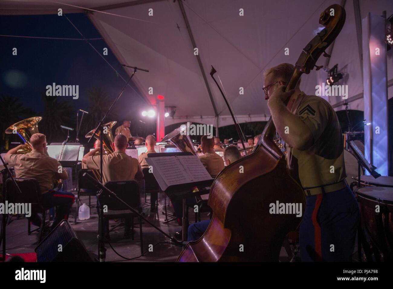 Cpl. Zachary Slaughter, a string bass instrumentalist with the Marine Forces Reserve Band performs during an Independence Day Concert at the Great Lawn, City Park, New Orleans on July 3, 2018. The Independence Day Concert at City Park was one of multiple concerts performed by the band for their Independence Day concert series. Stock Photo
