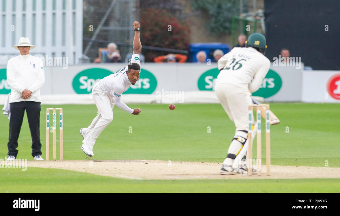 Hove UK 5th September 2018 - Sussex bowler Chris Jordan in action against Leicestershire on the second day of the Specsavers County Championship Division Two cricket match at the 1st Central County Ground in Hove Credit: Simon Dack/Alamy Live News Stock Photo