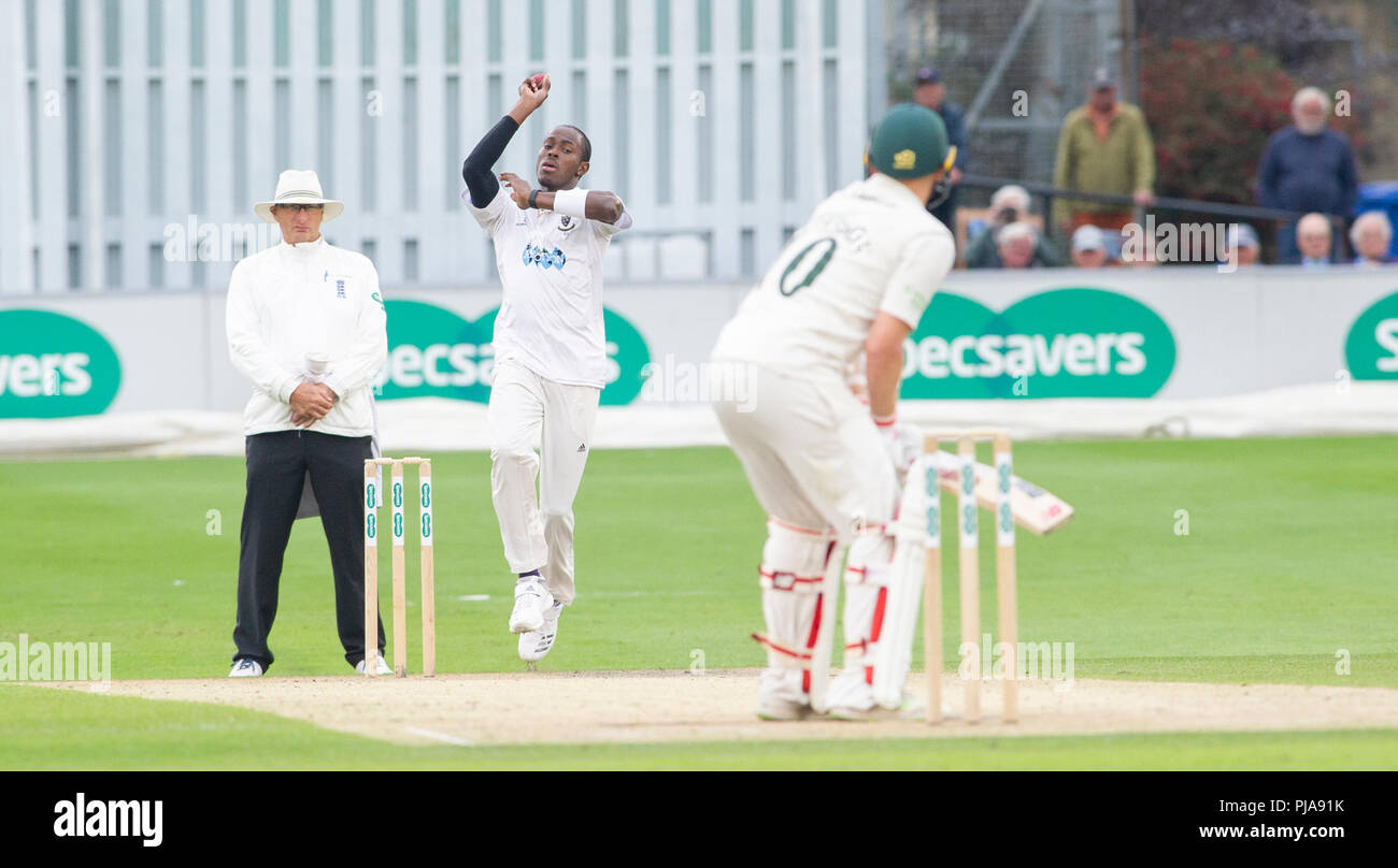 Hove UK 5th September 2018 - Jofra Archer bowling for Sussex against Leicestershire on the second day of the Specsavers County Championship Division Two cricket match at the 1st Central County Ground in Hove Credit: Simon Dack/Alamy Live News Stock Photo