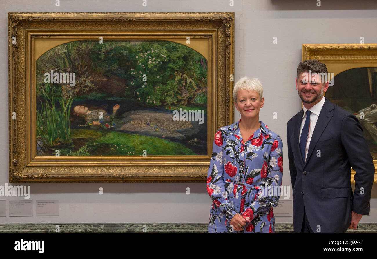 Tate Britain, London, UK. 5 September, 2018. The new Director of the National Gallery of Australia, Nick Mitzevich, and Director of Tate, Maria Balshaw, with John Everett Millais’ Ophelia 1851–52 to mark the launch of a major new exhibition at the National Gallery of Australia. Over forty works from Tate Britain’s collection of Pre-Raphaelite art will be loaned to the National Gallery of Australia in December for a major new exhibition. Credit: Malcolm Park/Alamy Live News. Stock Photo