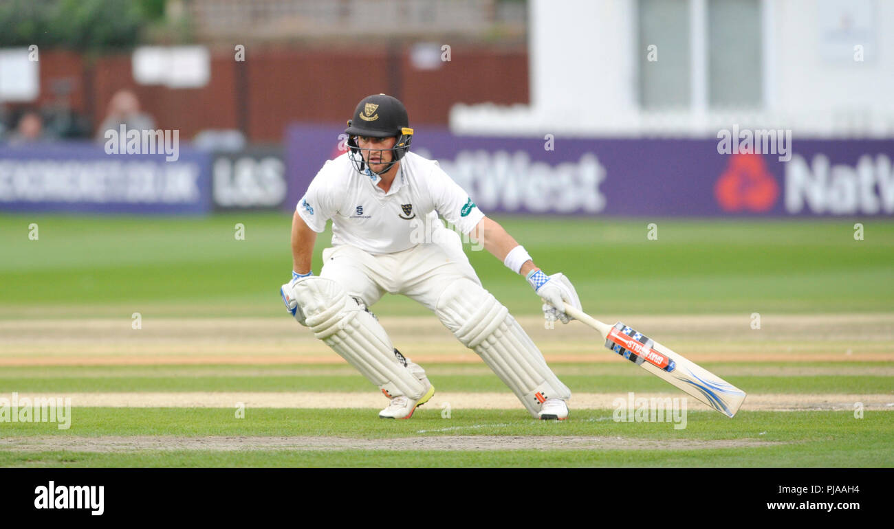 Hove UK 5th September 2018 - Sussex's Harry Finch takes a quick run against Leicestershire on the second day of the Specsavers County Championship Division Two cricket match at the 1st Central County Ground in Hove Credit: Simon Dack/Alamy Live News Stock Photo