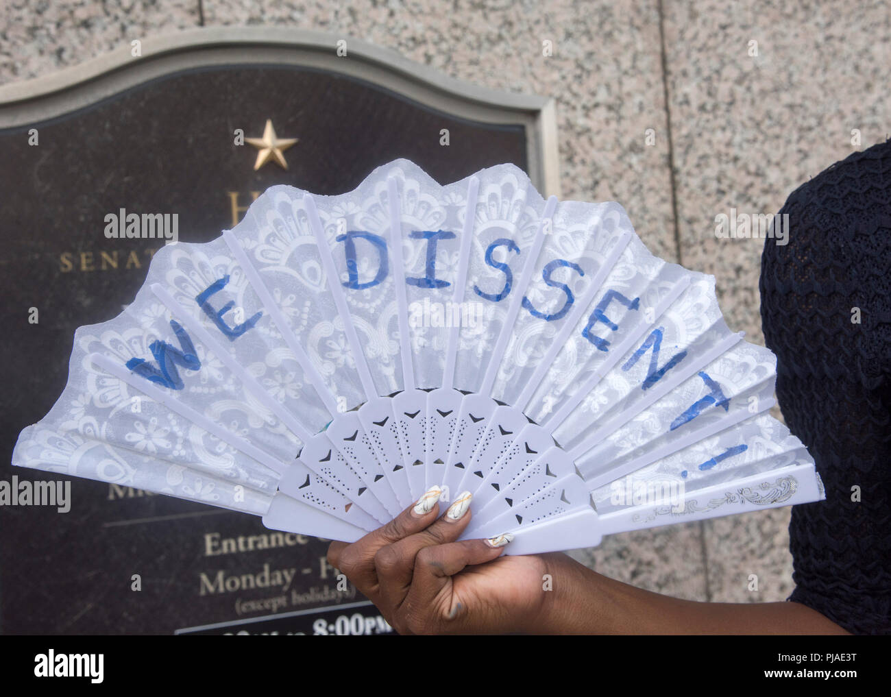 Washington DC, USA. September 5,2018, USA:  An anti Kavanaugh fan is displayed near where Judge Brett Kavanaugh attends his confirmation hearing to become the next Supreme Court Justice on Capitol Hill in Washington DC.   Patsy Lynch/Alamy Credit: Patsy Lynch/Alamy Live News Stock Photo