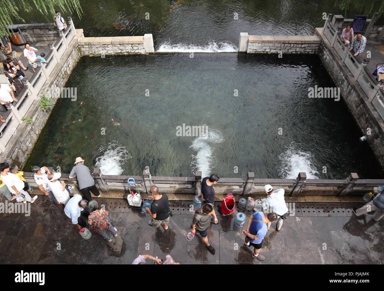 Jinan. 6th Sep, 2018. People visit the Heihu Spring in Jinan, capital of  east Chinas Shandong Province, Sept. 6, 2018, the 15th anniversary of the  reactivation of the springs in Jinan, with