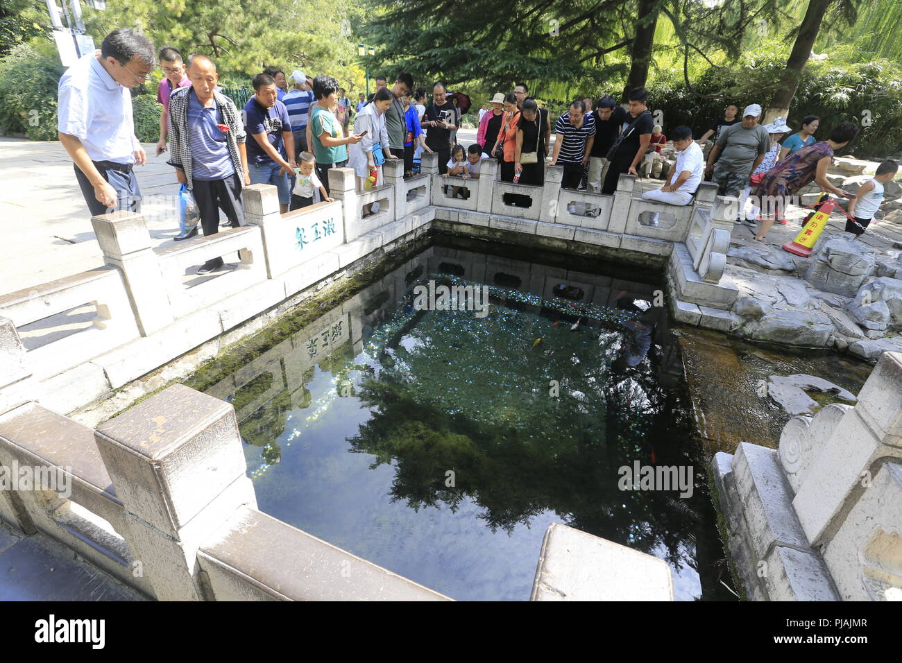 Jinan. 6th Sep, 2018. Tourists view the Shuyu Spring in Jinan, capital ...