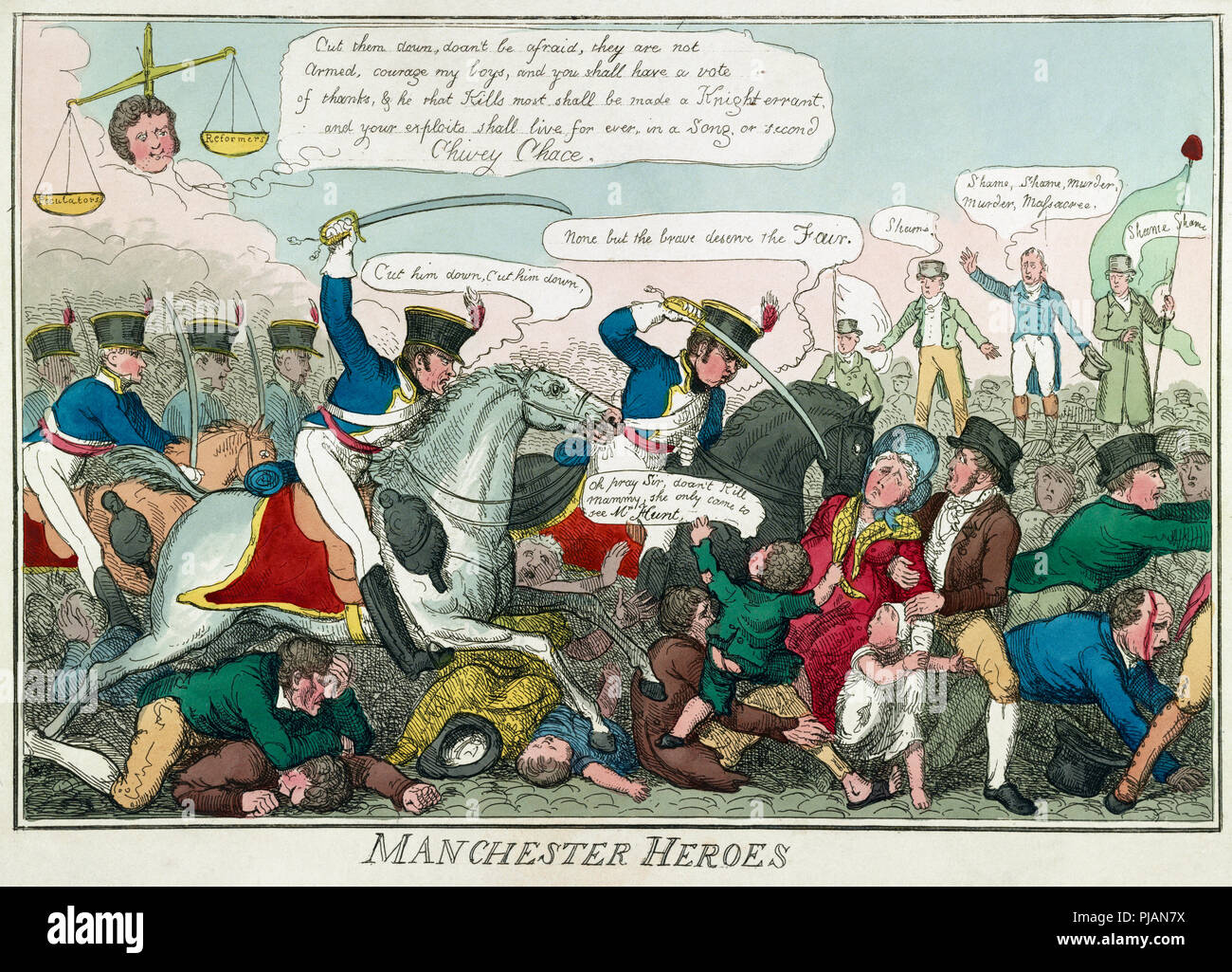 The Peterloo Massacre.  The massacre took place on August 16, 1819 at St Peter’s Field, Manchester, England, when the 15th Hussars, a cavalry regiment, charged with sabres drawn into an unarmed crowd who were demanding reform of parliamentary representation, killing 15 and wounding an estimated 500-plus.  After a contemporary cartoon published 1819. Possibly drawn by Robert Cruikshank. Stock Photo