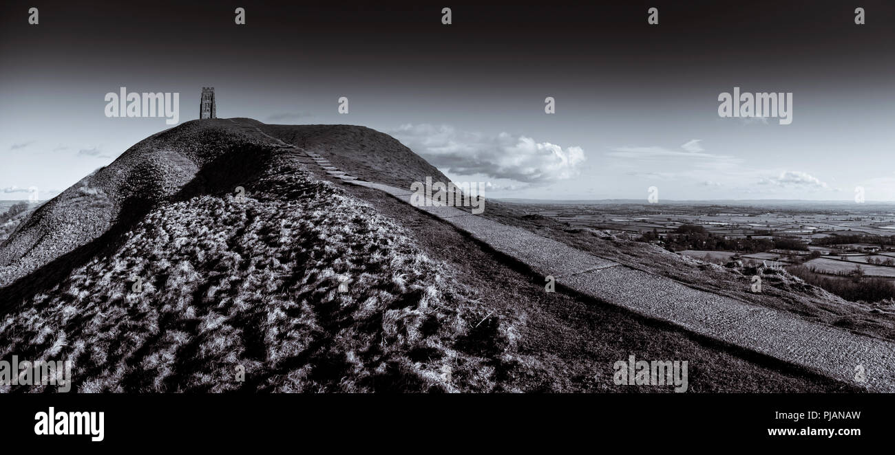 St Michael's Tower on Glastonbury Tor and town, Somerset England. Stock Photo