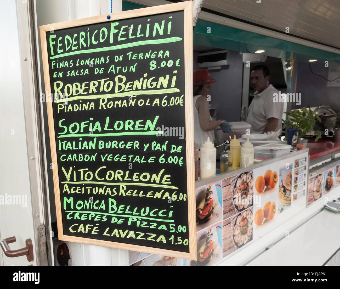 Italian food menu on food truck at festival in Spain Stock Photo
