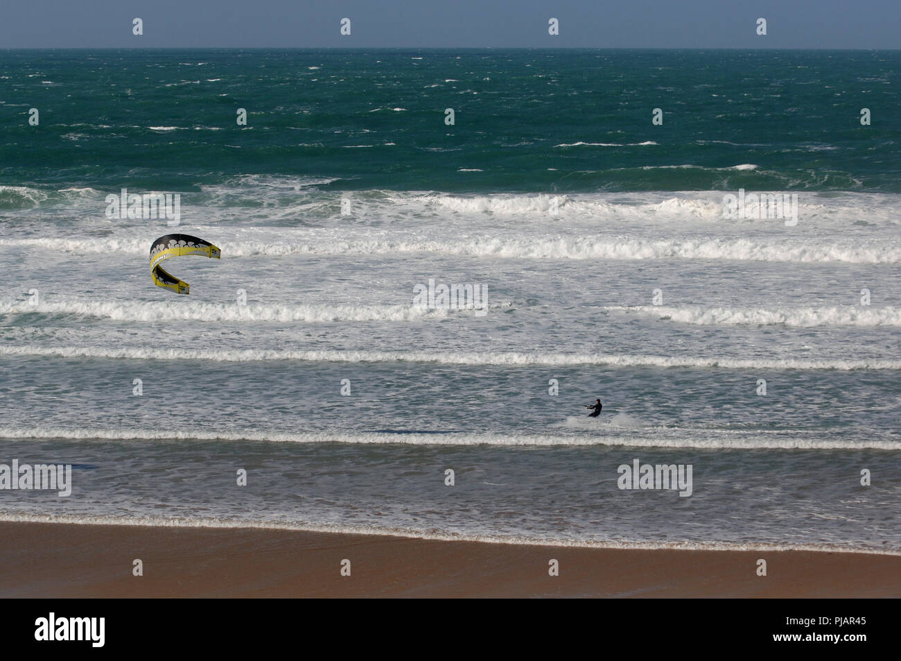 Watergate Bay, Cornwall, UK, sowing the beach, windsurfers and Watergate Bay Hotel. Stock Photo