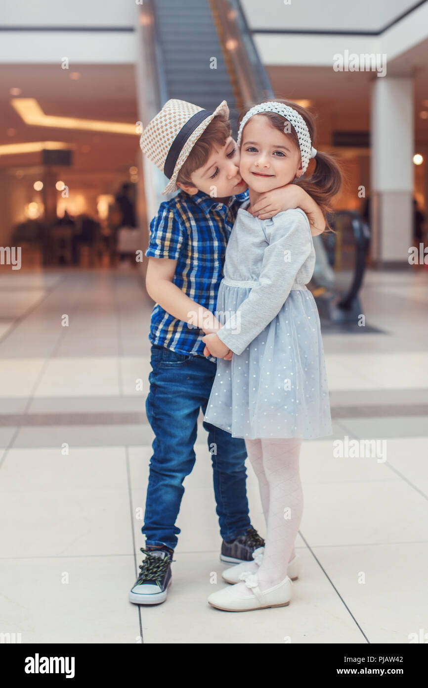 Group Portrait Of Two White Caucasian Cute Adorable Funny Children Boy And Girl Hugging Kissing Love Friendship Childhood Concept Best Friends Forev Stock Photo Alamy