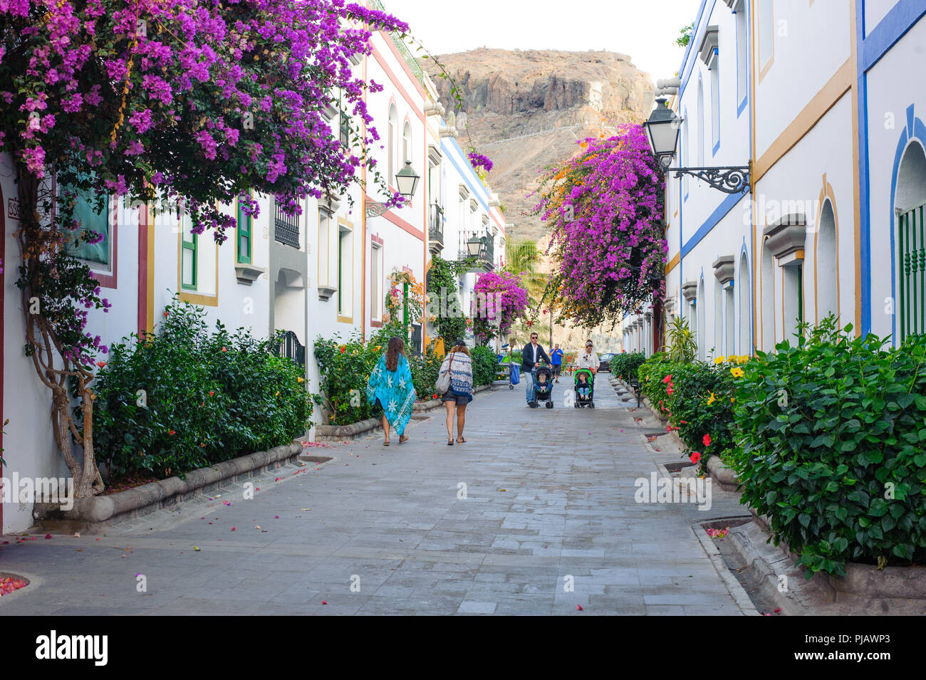 Puerto Rico, Gran Canaria, Spain - 06 January 2018. Beautiful street with a  lot of flowers in very popular holiday village Puerto Rico Stock Photo -  Alamy
