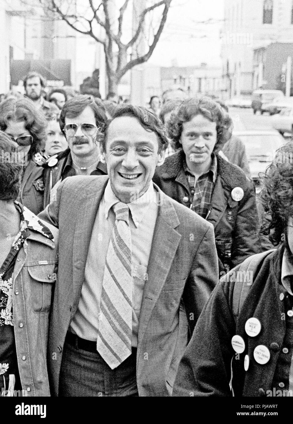 Harvey Milk and supporters walk to San Francisco City Hall for Harvey