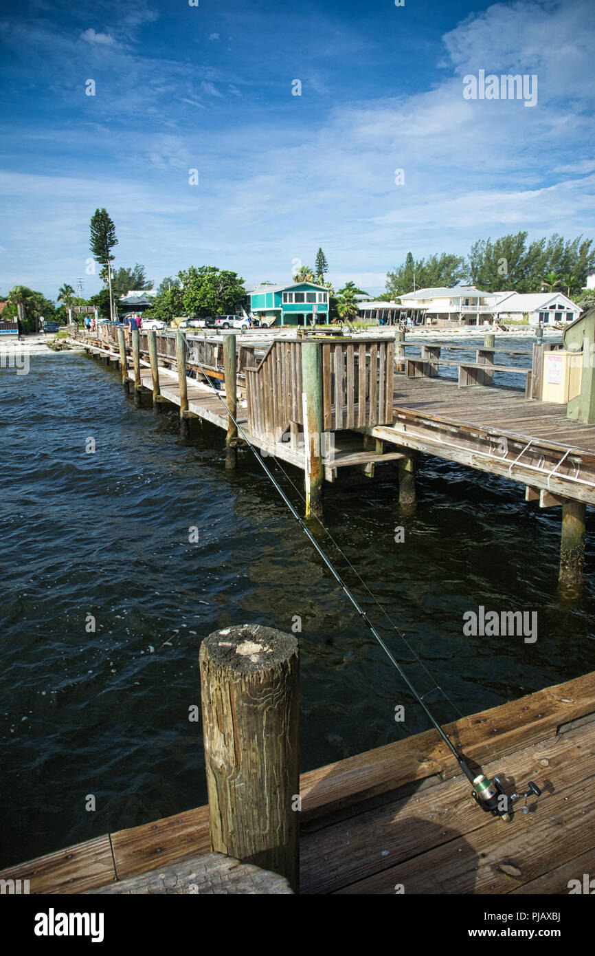 A view of the shoreline from theThe Rod and Reel Pier, a popular tourist attraction in picturesque Anna Maria Island, on the Gulf cost of Florida, USA Stock Photo