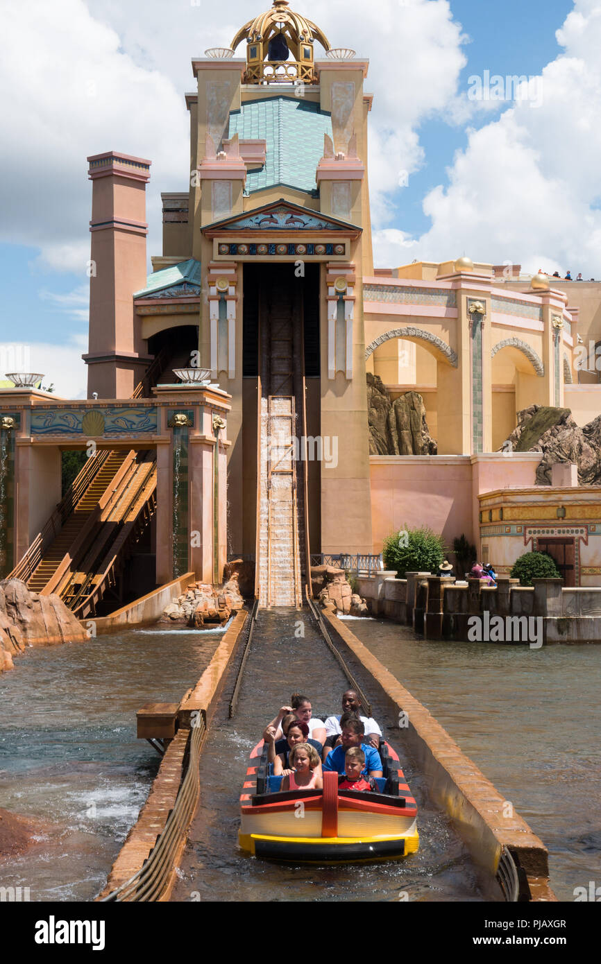 The Journey to Atlantis ride in Seaworld, Orlando, Florida, is a water coaster Stock Photo