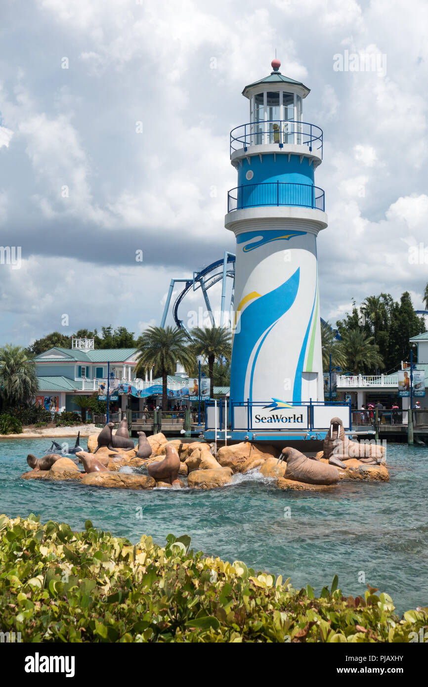A lighthouse at the entrance to Seaworld Orlando theme park in Orlando