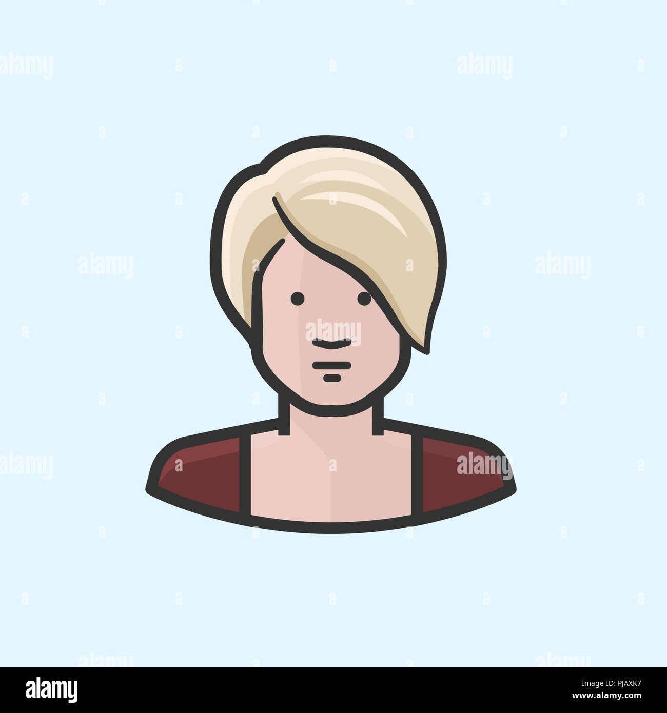 Caucasian Blond Woman With Short Hair And Red Sweater Stock Photo