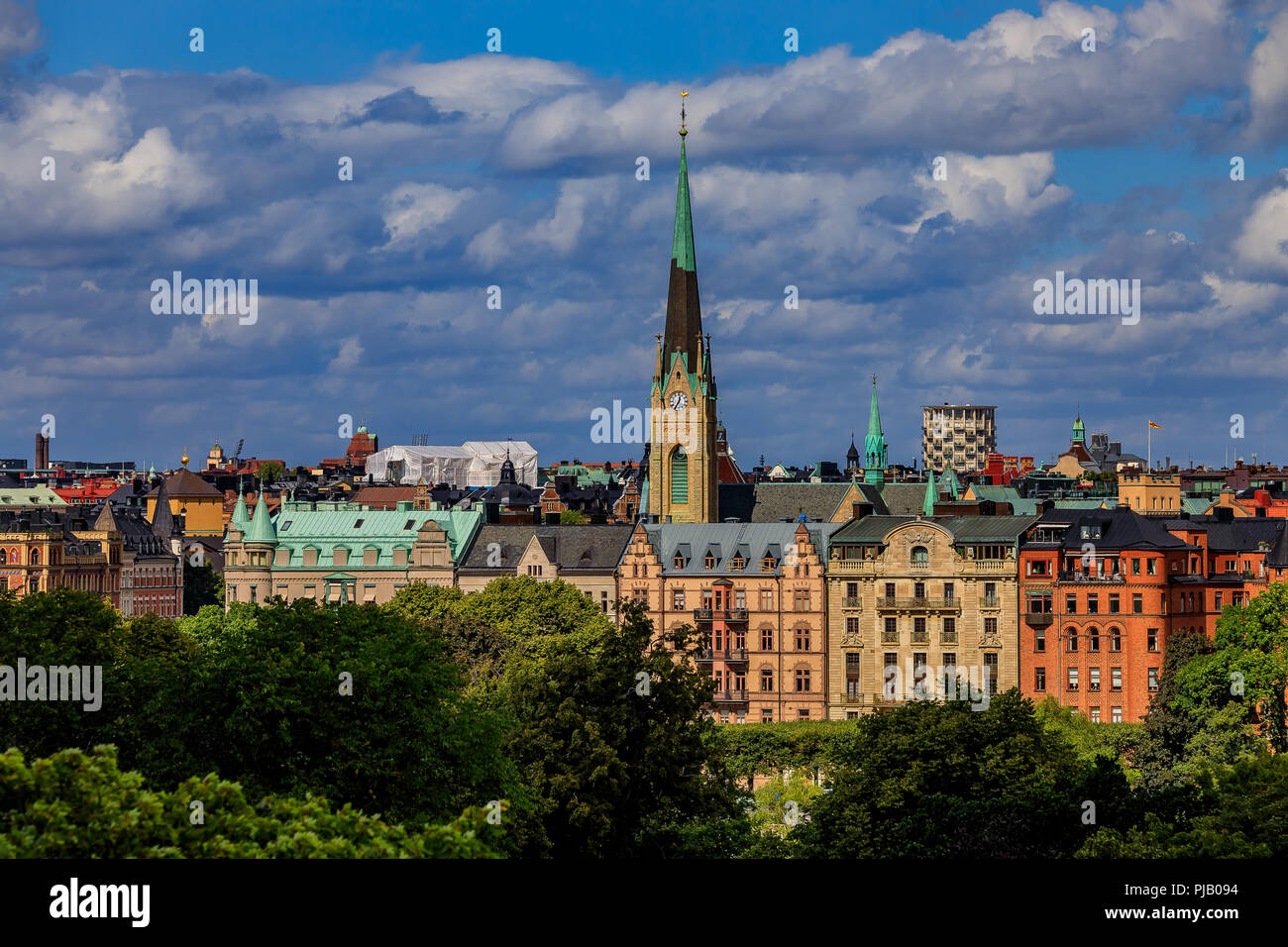 View onto traditional gothic buildings and Oscarskyrkan or Oscar's Church in the Ostermalm district in Stockholm, Sweden Stock Photo
