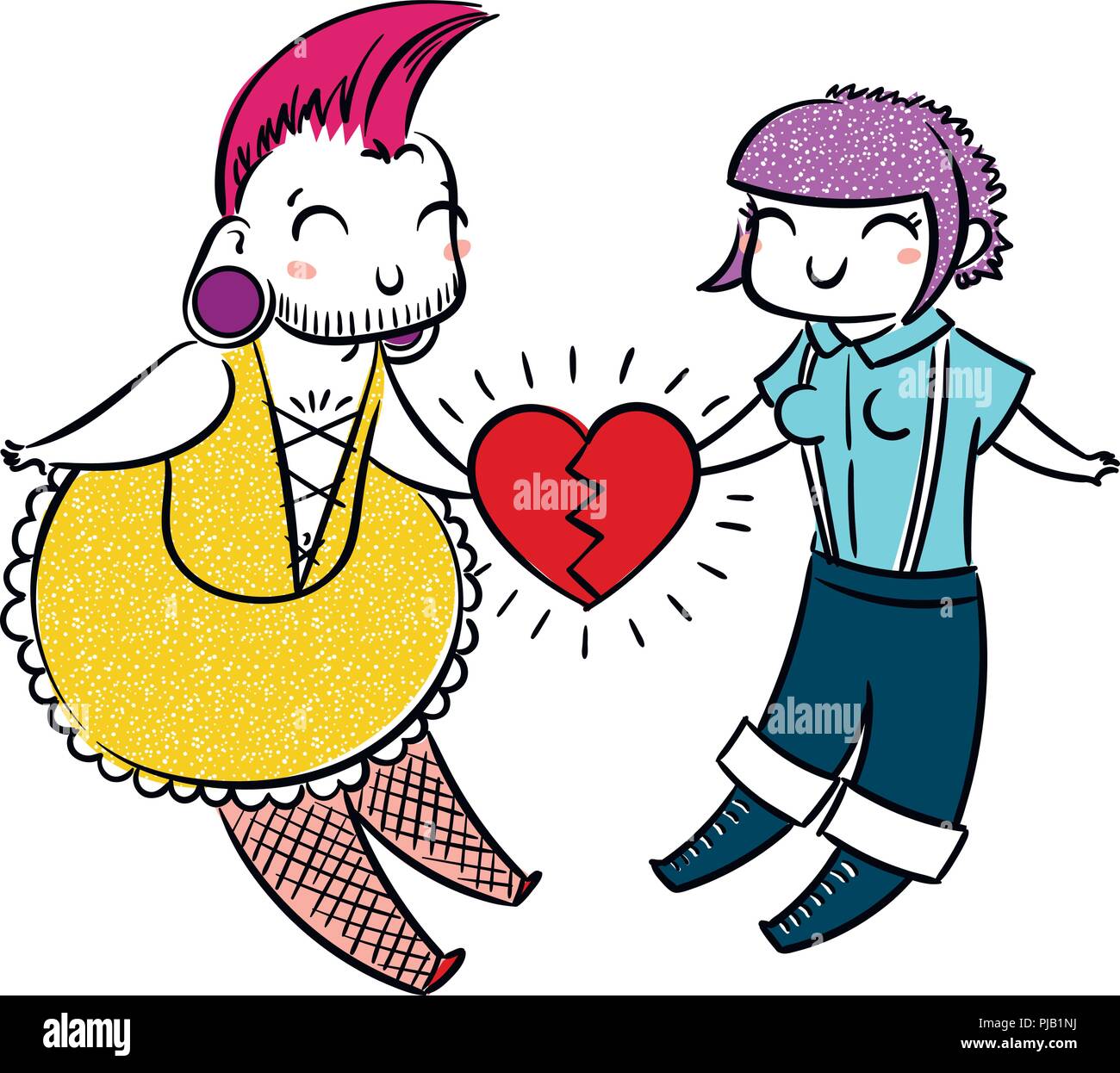 Cute freaks in love. Gender-queer, cross-dressing, punk, goth, skin. Vector illustration for prints, jokes, tags Stock Vector