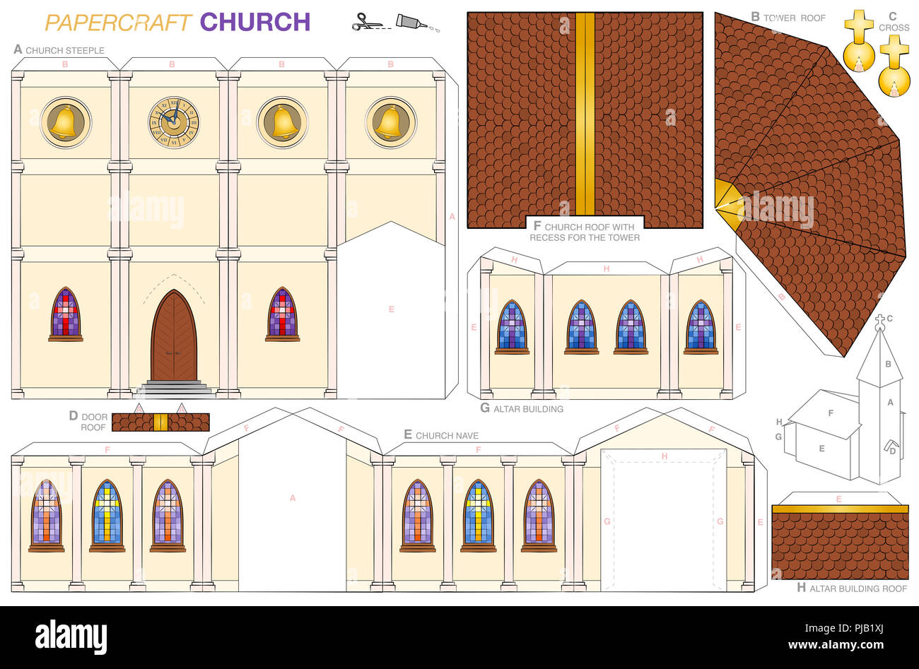 Church building paper craft model. Cut-out sheet for making a detailed 3d  scale model church with steeple, nave, altar extension, colorful windows  Stock Photo - Alamy