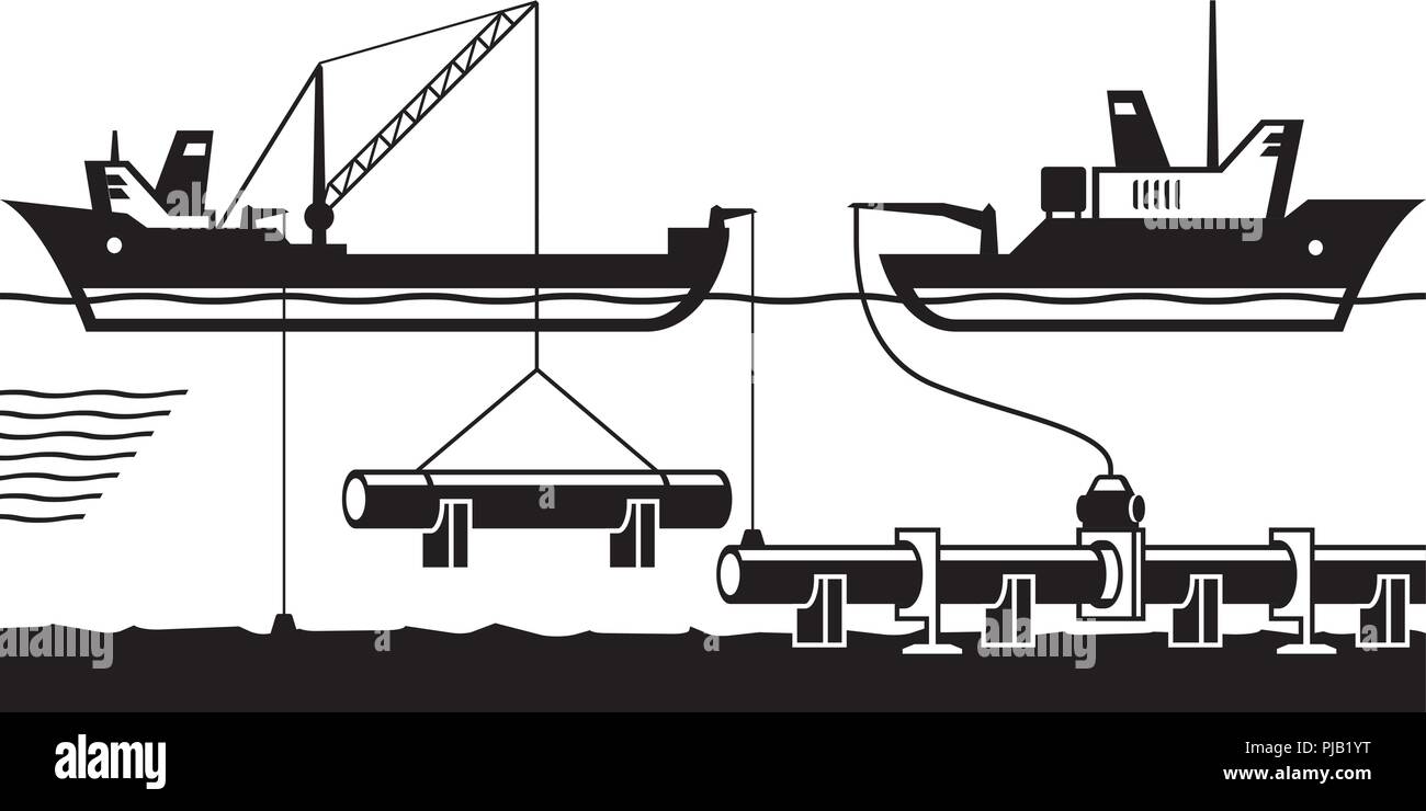 Construction of pipeline on bottom of sea - vector illustration Stock Vector