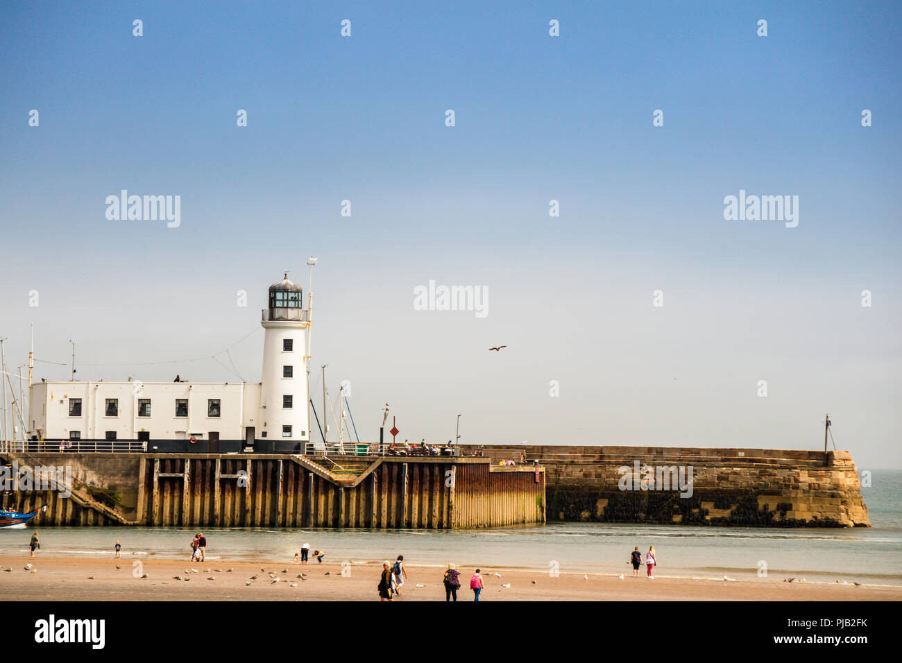 St. Vincent Pier and the historic lighthouse at Scarborough, North Yorkshire, UK. Stock Photo