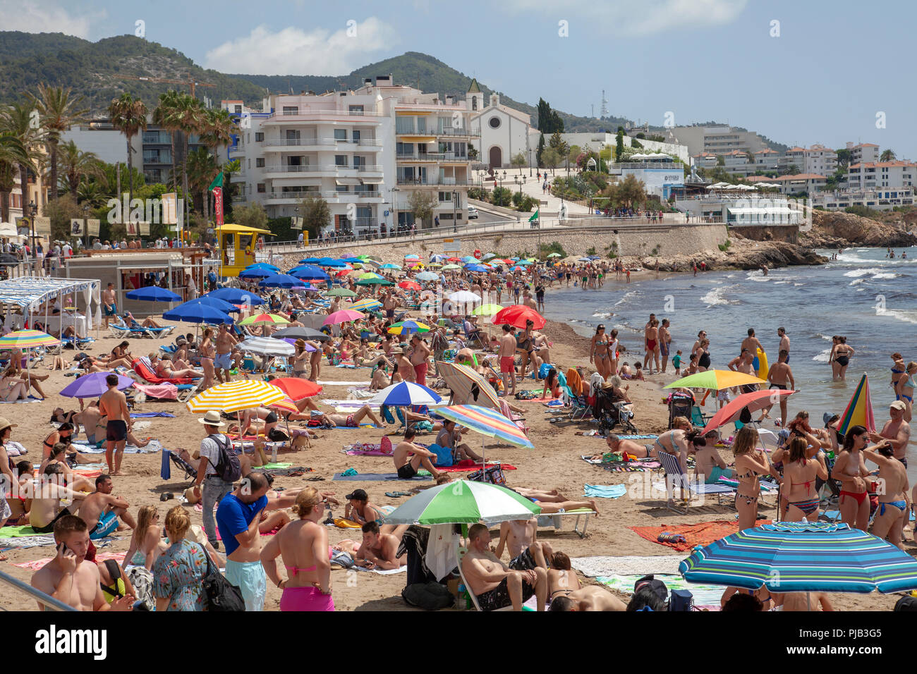 Platja de San Sebastian in Sitges, Spain Stock Photo