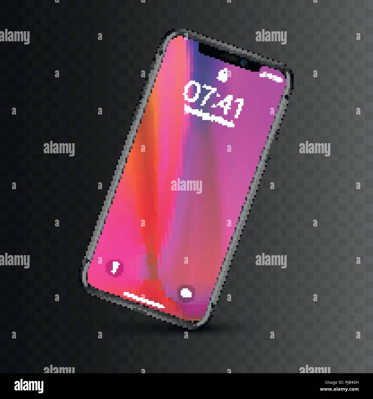 New York, USA - August 22, 2018: realistic new black phone. Frameless full screen mockup mock-up smartphone isolated on dark transparent checkered bac Stock Vector