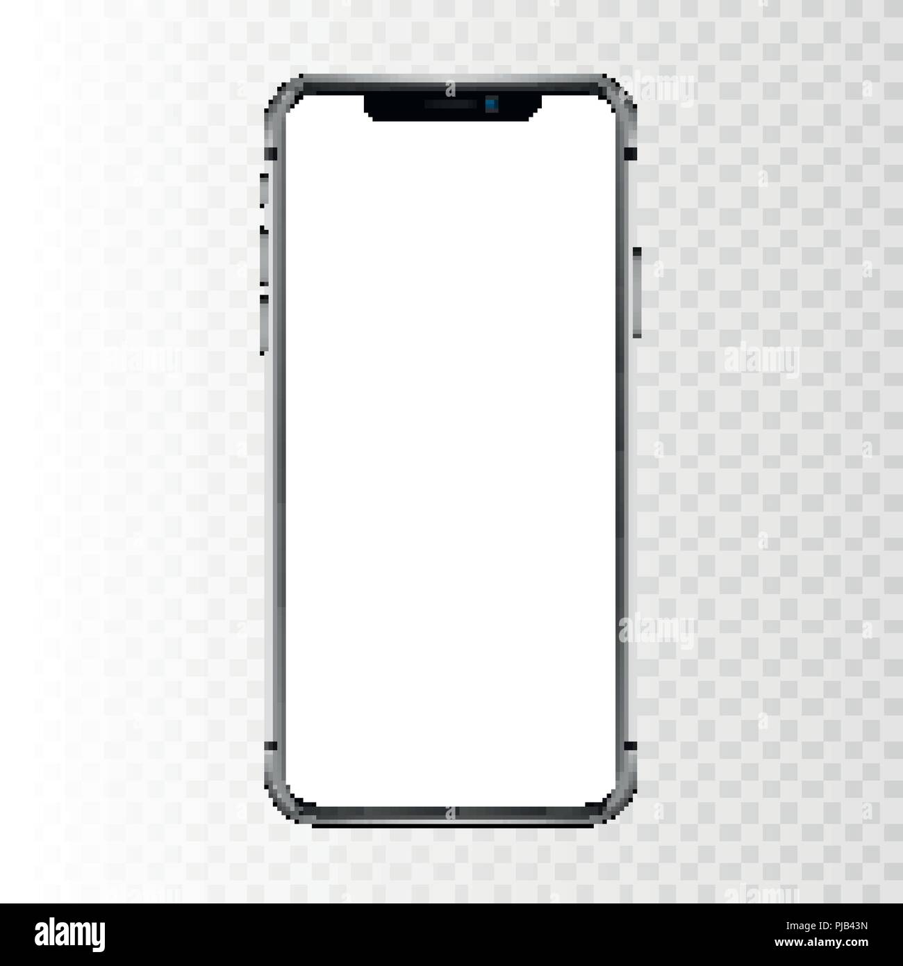 New York, USA - August 22, 2018: realistic new black phone. Frameless full screen mockup mock-up smartphone isolated on transparent checkered background. Front view. EPS10 Stock Vector