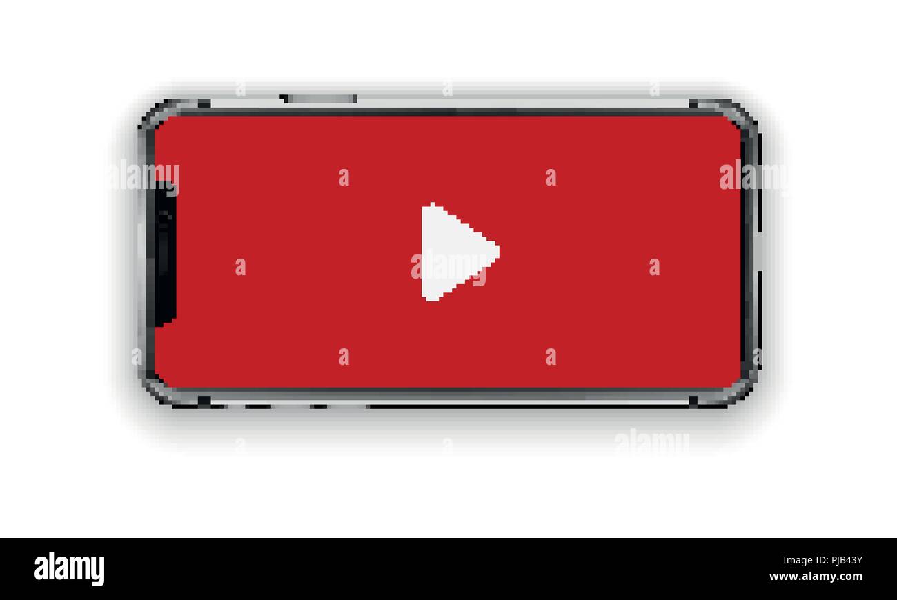 New York, USA - August 22, 2018: realistic new black red phone. Watching video. Frameless full screen mockup mock-up smartphone isolated on white background. Front view, horizontal orientation. EPS10 Stock Vector