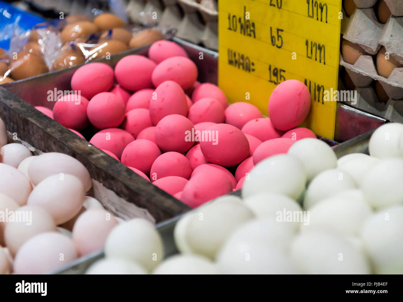 Thai Pink Eggs / Duck Eggs on sale on market stall  Phuket Thailand Stock Photo