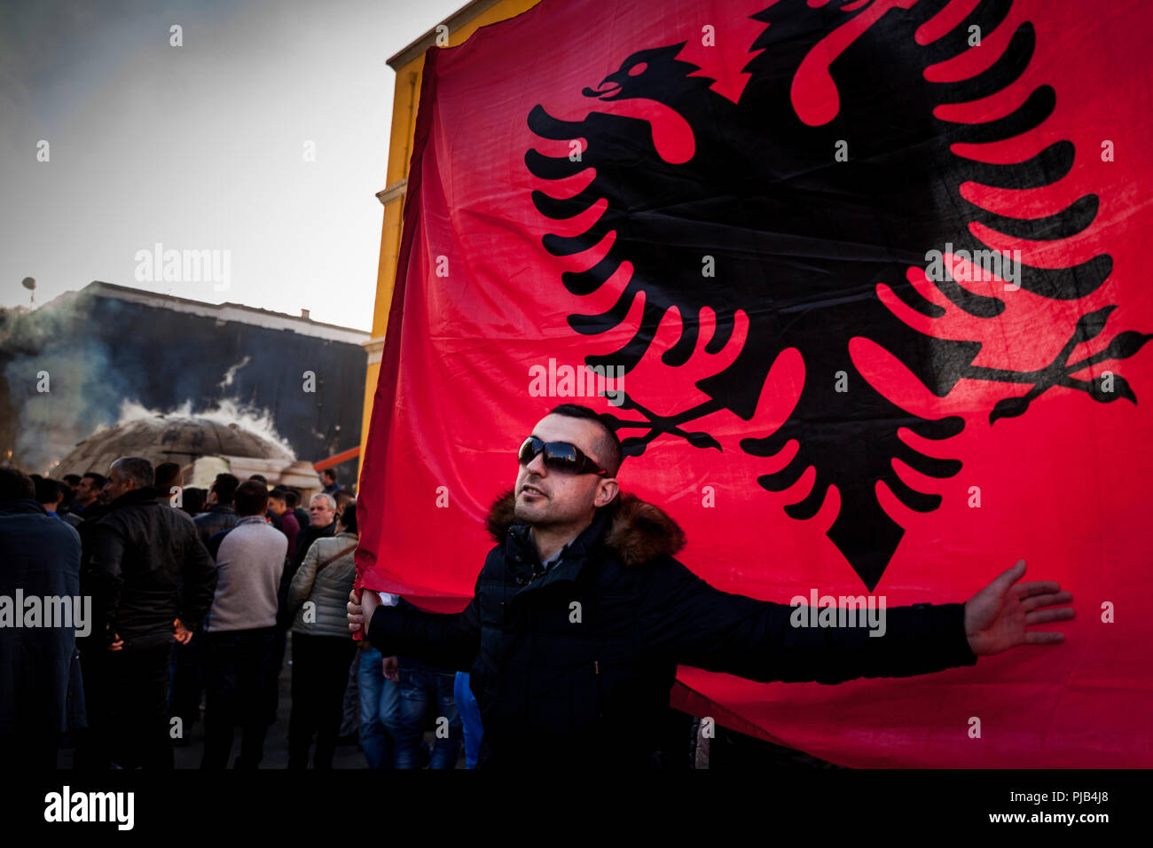 Citizen protests against the construction of a bunker next to the Ministry of Infrastructure at Skanderbeg Square in Tirana, Albania. Stock Photo