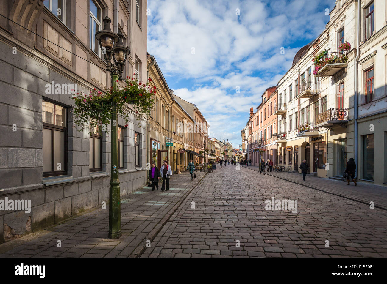 KAUNAS / LITHUANIA - OCTOBER 11, 2016: View of Vilniaus street, main street in the Old town Stock Photo