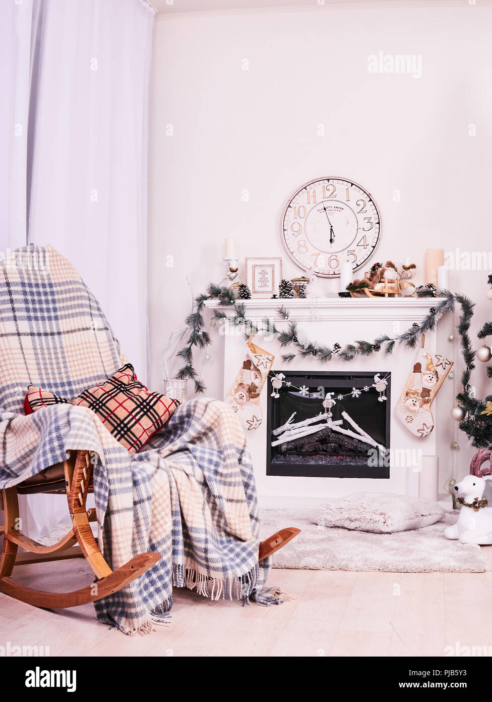 Xmas Fireplace With Armchair Clocks And Pillows Christmas