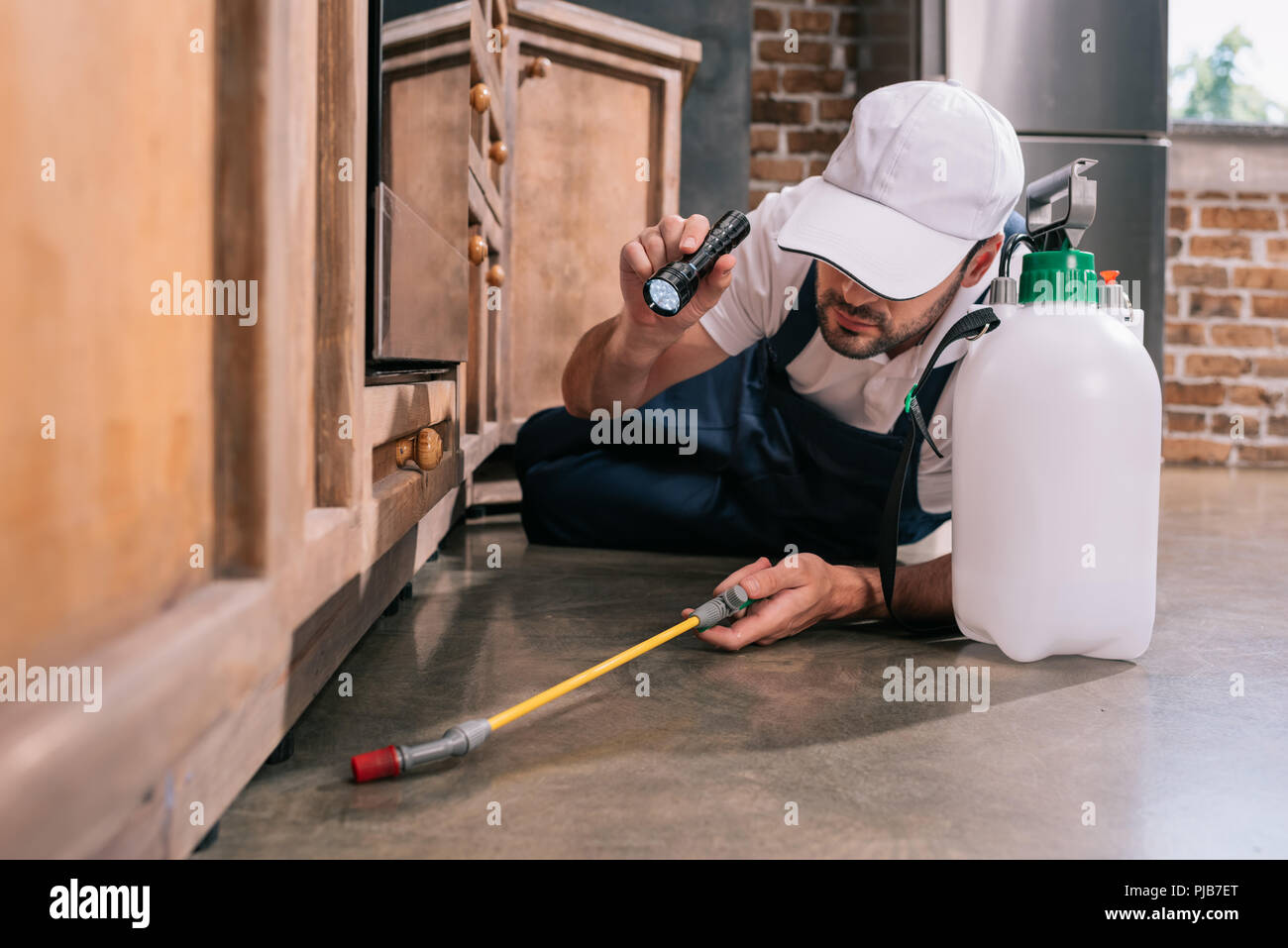 pest control worker lying on floor and spraying pesticides under