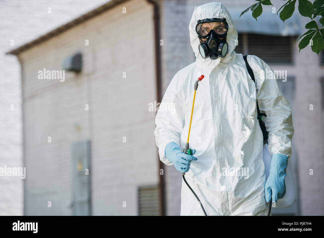 pest control worker in respirator holding sprayer Stock Photo - Alamy