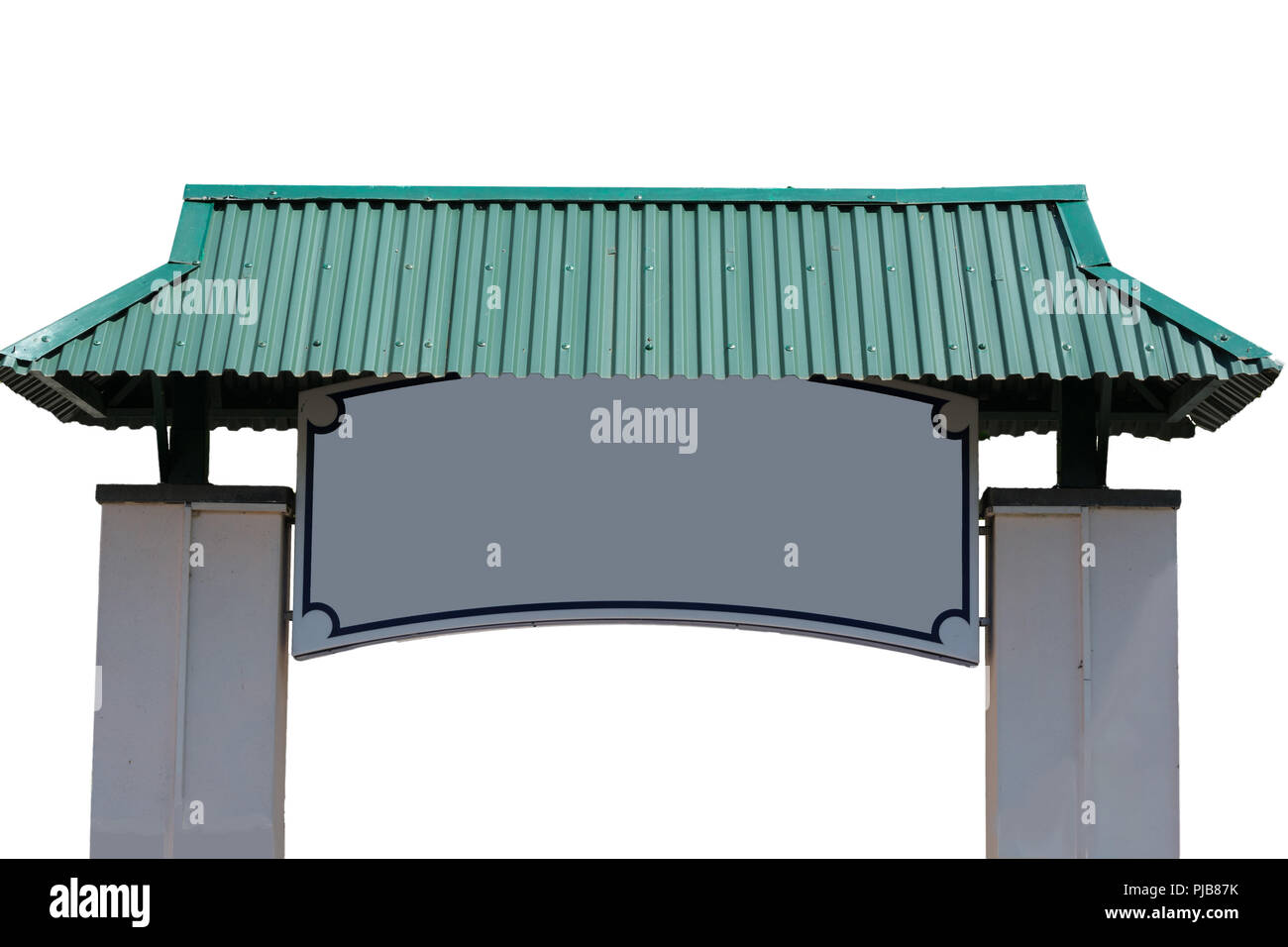 Entrance gate in pagoda style with green canopy exposed against white