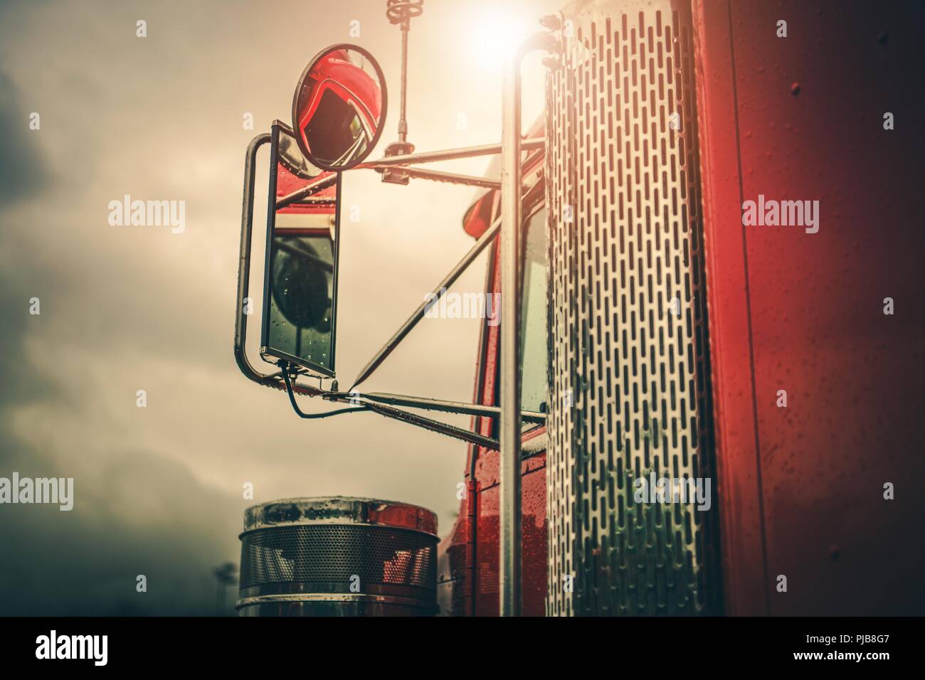 Semi Truck Driving Theme. Outside Mirrors Closeup. Transportation