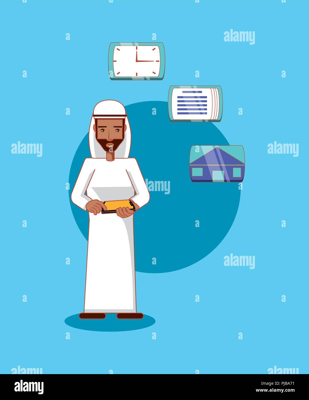 arab man holds tablet computer clock home page social media vector