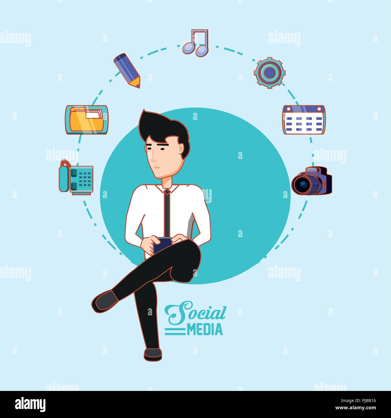 man sitting using cellphone connected social media vector illustration ...