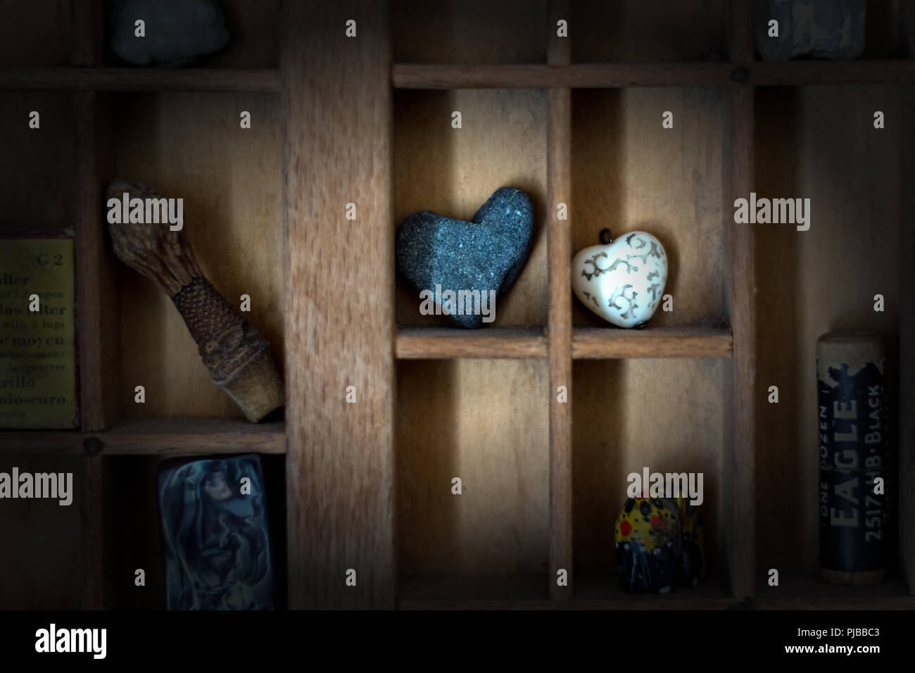 small knick knacks on wooden shelves Stock Photo Alamy