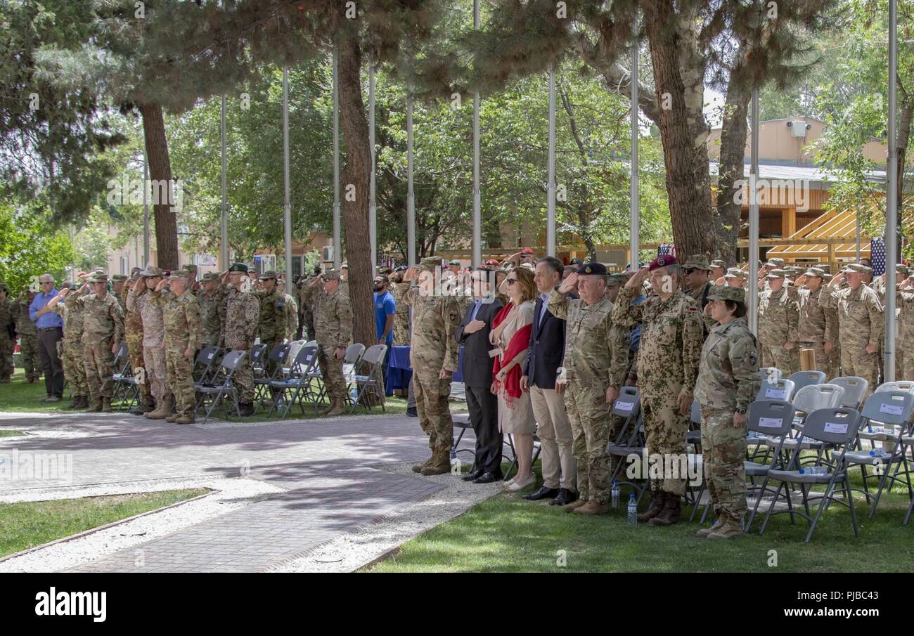KABUL, Afghanistan (July 4, 2018) U.S. and coalition personnel gather at Resolute Support