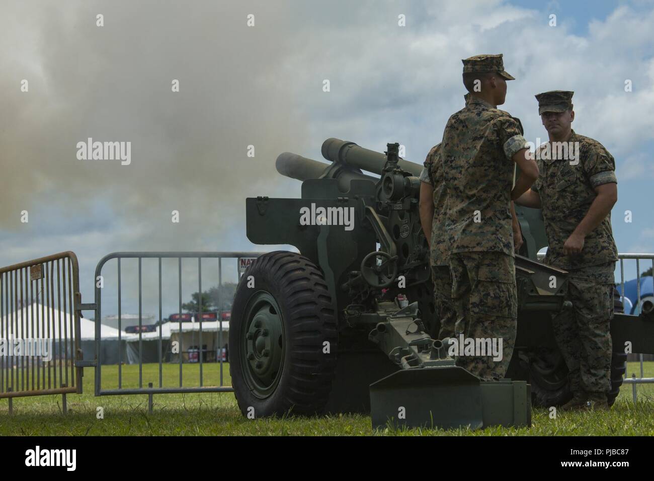 Marines with 2nd Battalion 10th Marine Regiment, 2nd Marine Division, march at William Pendleton Thomas Field on Marine Corps Base Camp Lejeune,  N.C., July 4, 2018. From 1776 to present day, July fourth has been adopted as the birth of American Independence, later on becoming a national holiday in 1870 by Congress. This year also marks the 77th anniversary of MCB Camp Lejeune. Stock Photo