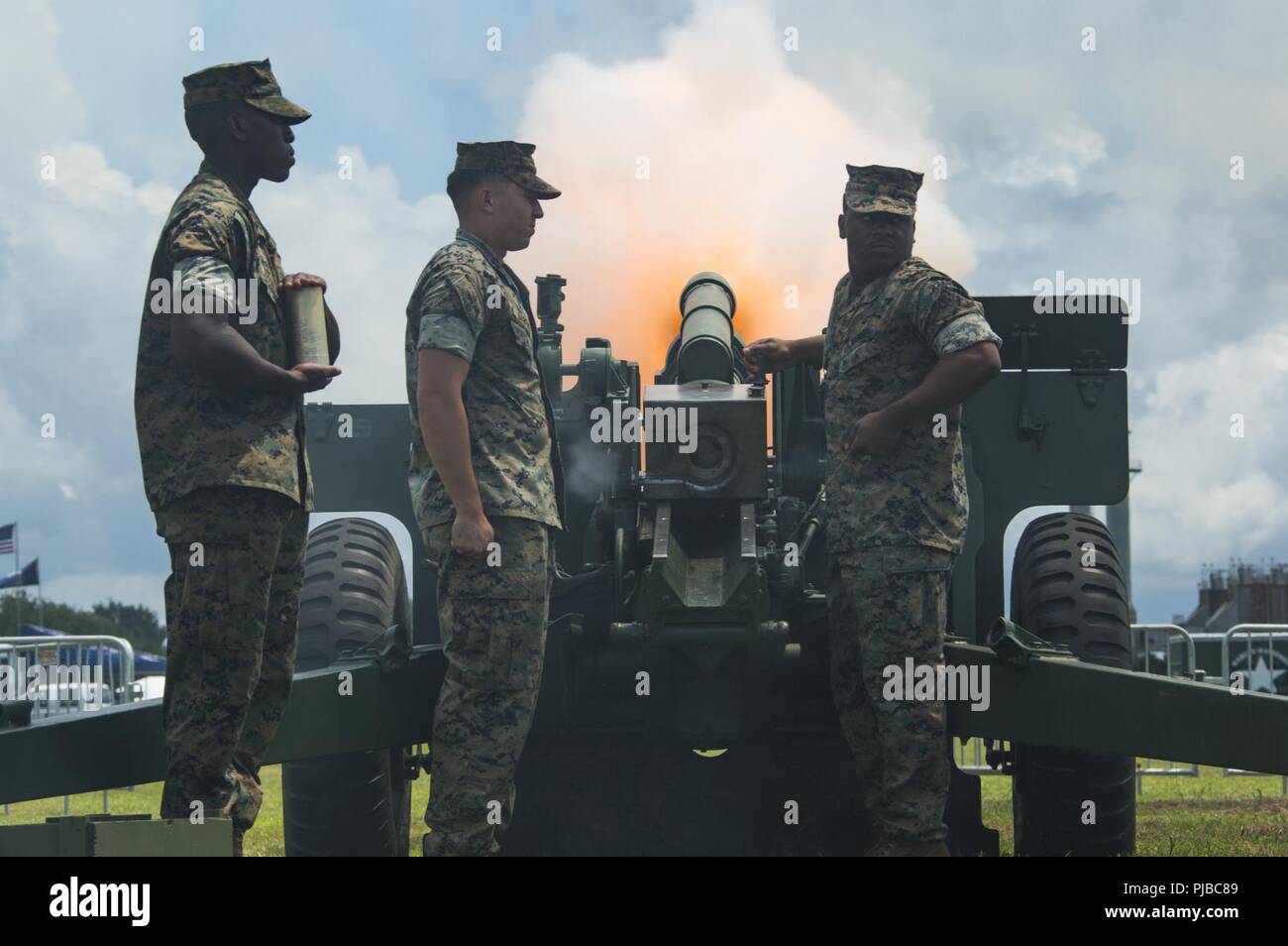 Marines with 2nd Battalion 10th Marine Regiment, 2nd Marine Division, march at William Pendleton Thomas Field on Marine Corps Base Camp Lejeune,  N.C., July 4, 2018. From 1776 to present day, July fourth has been adopted as the birth of American Independence, later on becoming a national holiday in 1870 by Congress. This year also marks the 77th anniversary of MCB Camp Lejeune. Stock Photo