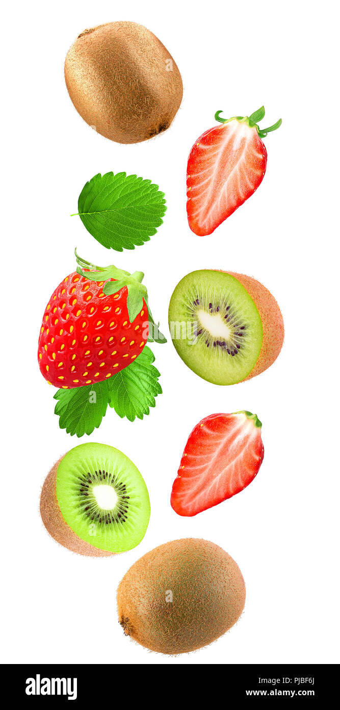 Flying fruits. Falling strawberries and kiwi isolated on white