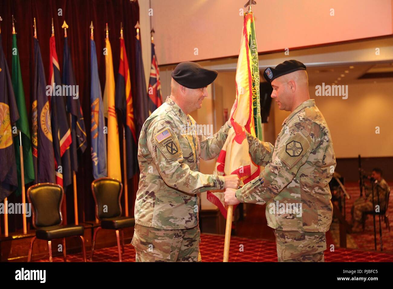 Command Sgt. Maj. Will Holland, left, passes the U.S. Army Garrison Japan guidon to Garrison Commander Col. Phillip Gage during Holland’s relinquishment of responsibility ceremony July 11, 2018, at the Camp Zama Community Club. Stock Photo